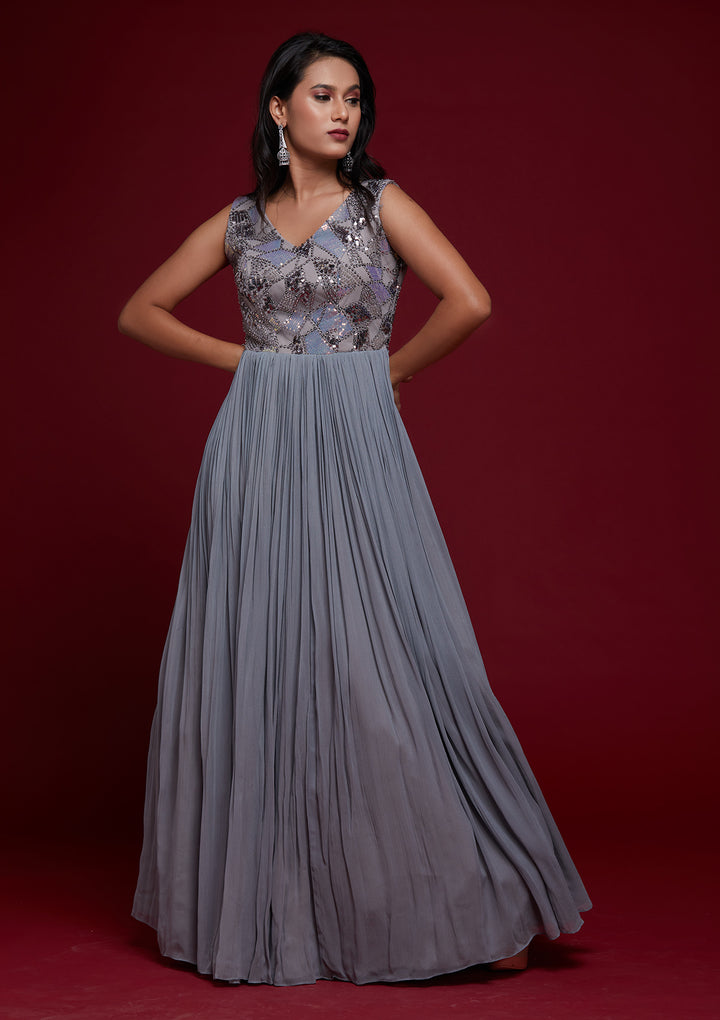 Light Grey Sequins Georgette Designer Gown - Koskii