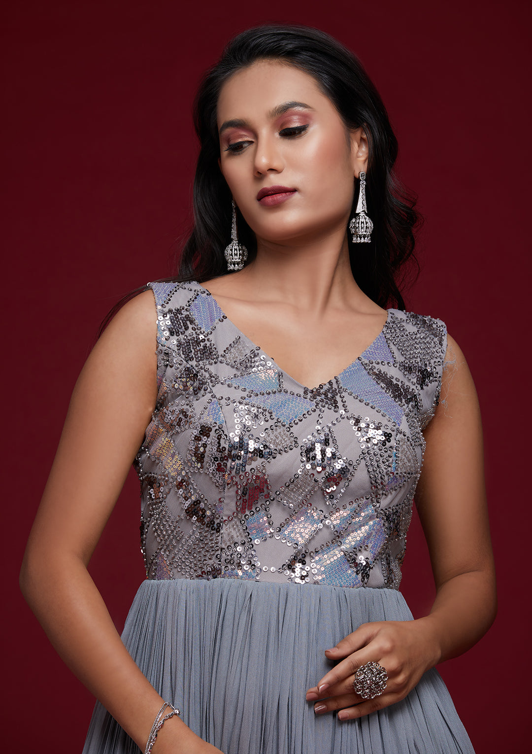 Light Grey Sequins Georgette Designer Gown - Koskii