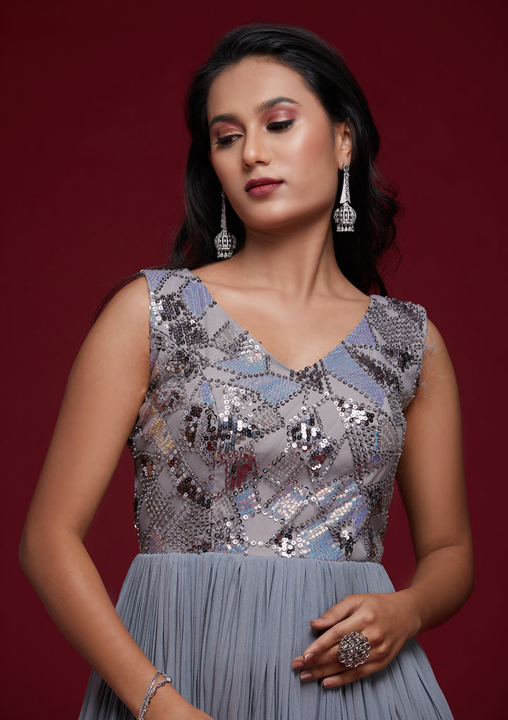 Light Grey Sequins Georgette Designer Gown - Koskii