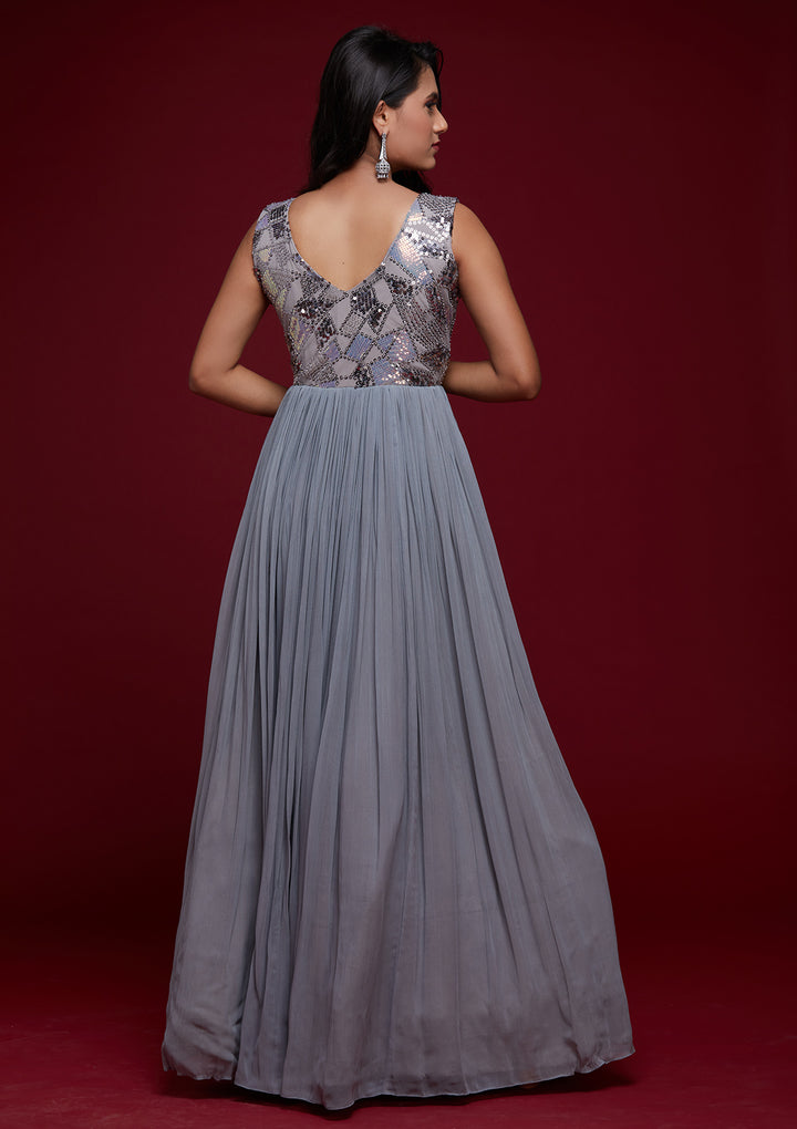 Light Grey Sequins Georgette Designer Gown - Koskii