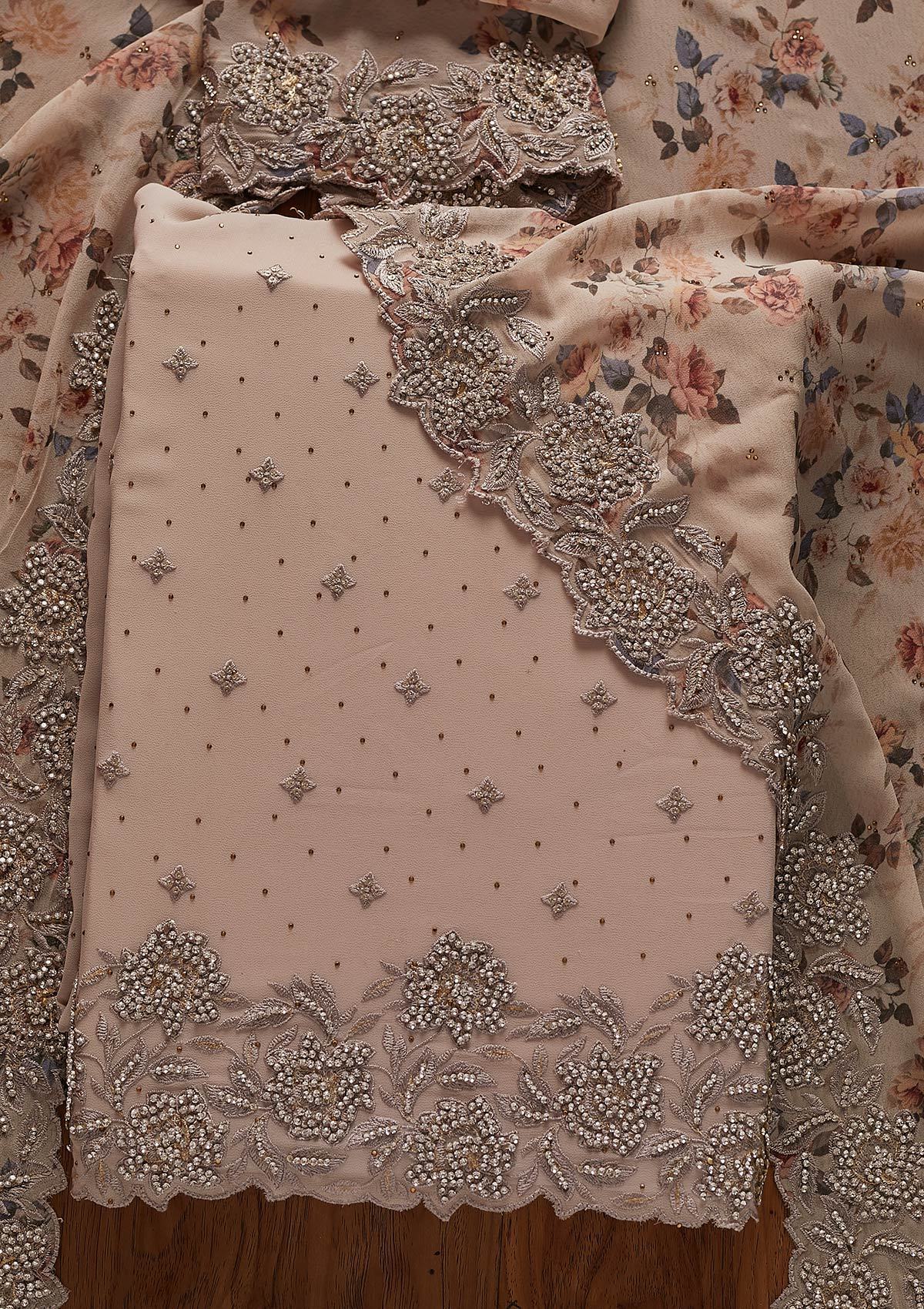 Light Grey Silver Stonework Georgette Designer Unstitched Salwar Suit - koskii