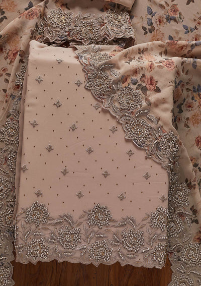 Light Grey Silver Stonework Georgette Designer Unstitched Salwar Suit - koskii