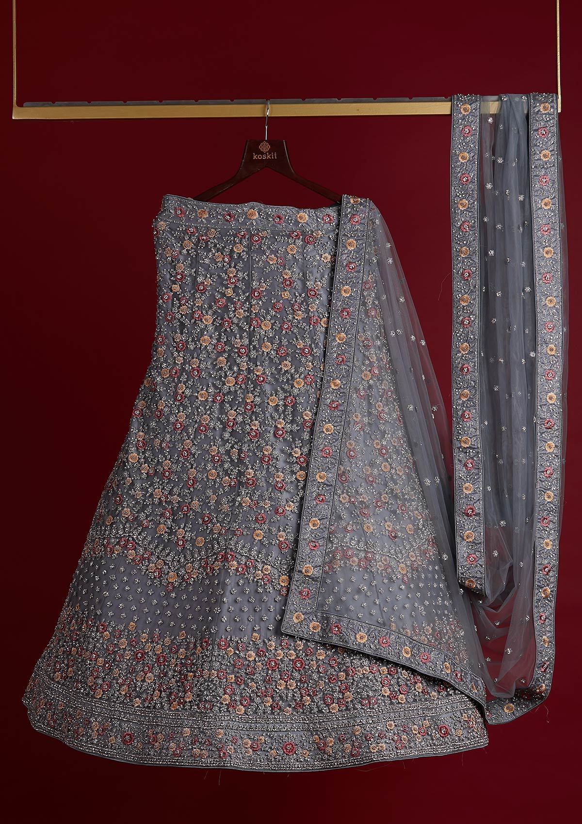 Light Grey Silver Stonework Net Designer Semi-Stitched Lehenga - koskii
