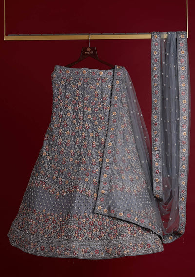 Light Grey Silver Stonework Net Designer Semi-Stitched Lehenga - koskii