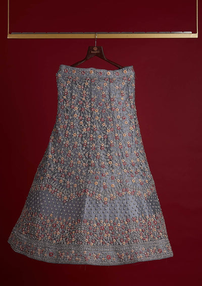 Light Grey Silver Stonework Net Designer Semi-Stitched Lehenga - koskii