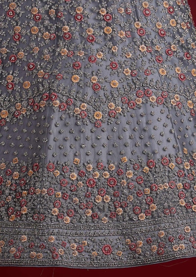 Light Grey Silver Stonework Net Designer Semi-Stitched Lehenga - koskii