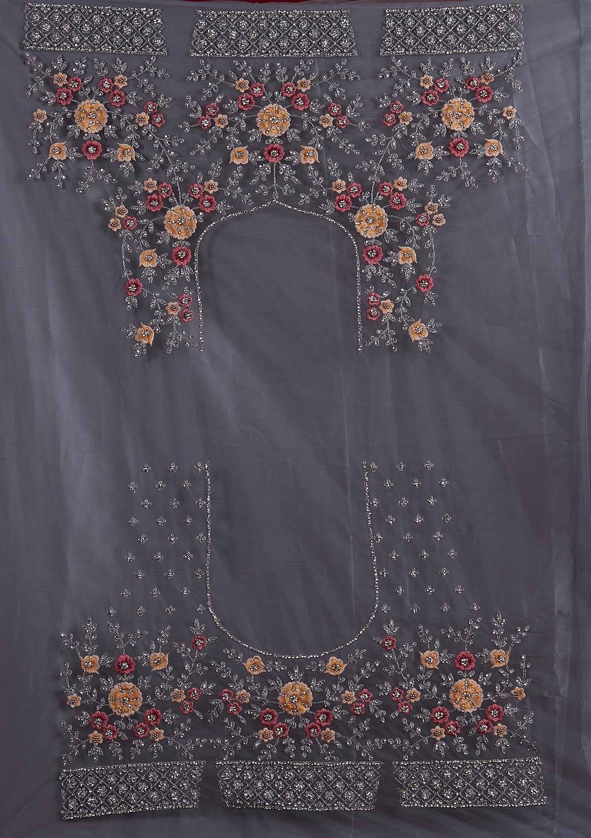 Light Grey Silver Stonework Net Designer Semi-Stitched Lehenga - koskii