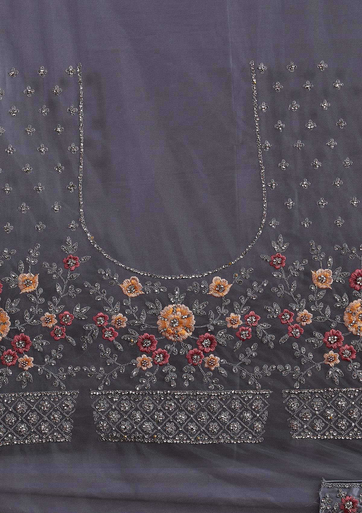 Light Grey Silver Stonework Net Designer Semi-Stitched Lehenga - koskii