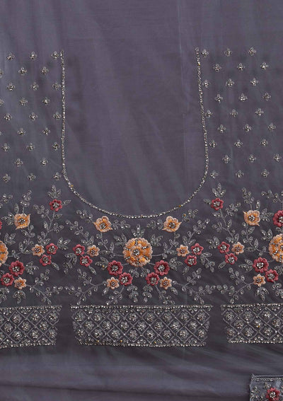 Light Grey Silver Stonework Net Designer Semi-Stitched Lehenga - koskii