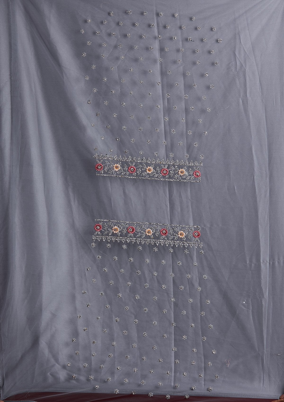 Light Grey Silver Stonework Net Designer Semi-Stitched Lehenga - koskii
