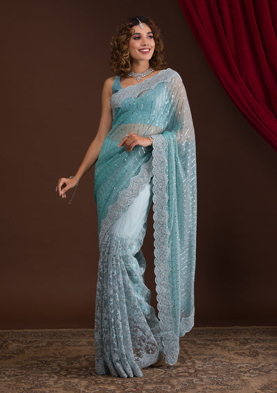 Light Grey Silver Stonework Net Designer Saree-Koskii