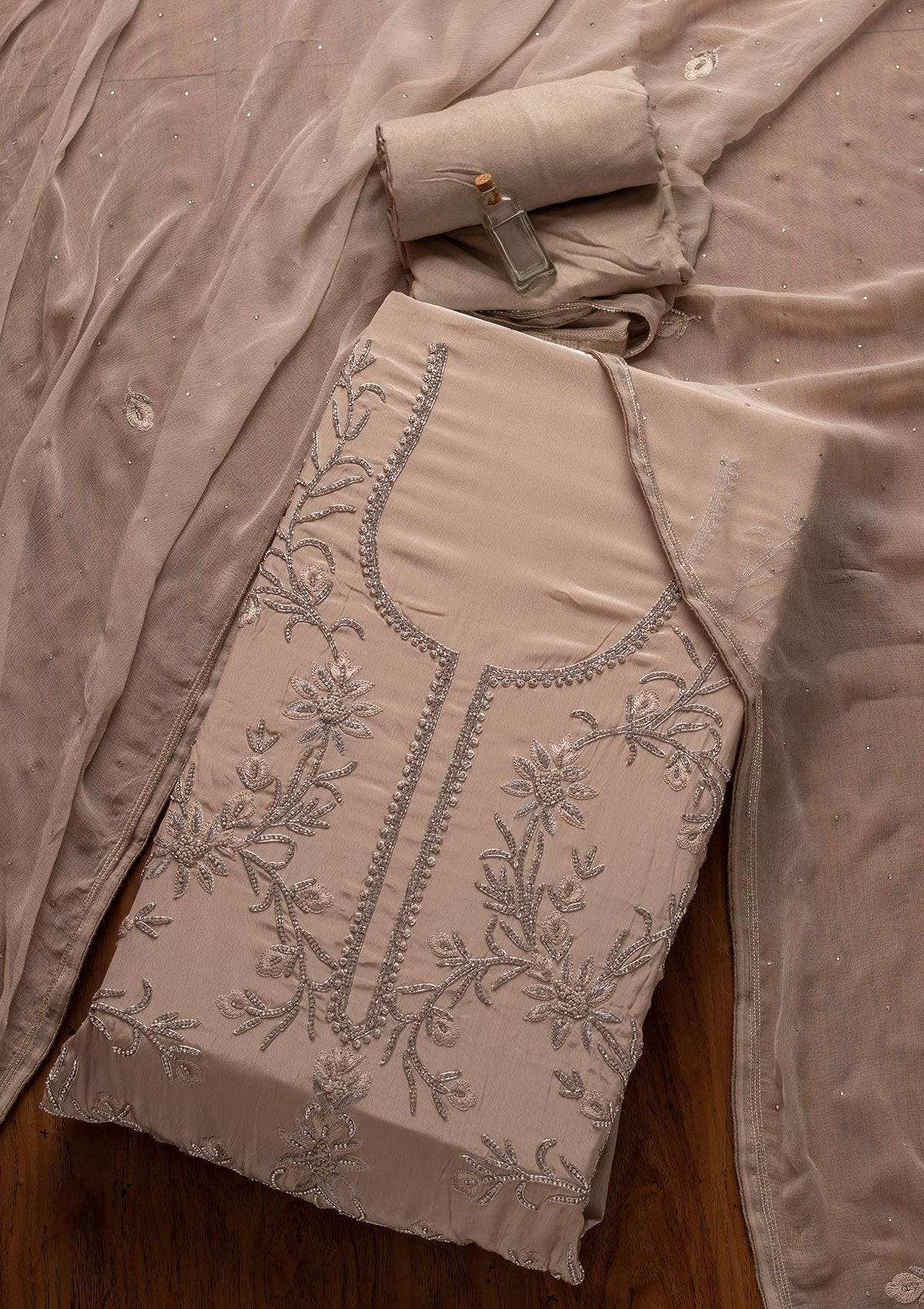 Light Grey Silver Stonework Semi Crepe Designer Unstitched Salwar Suit - koskii