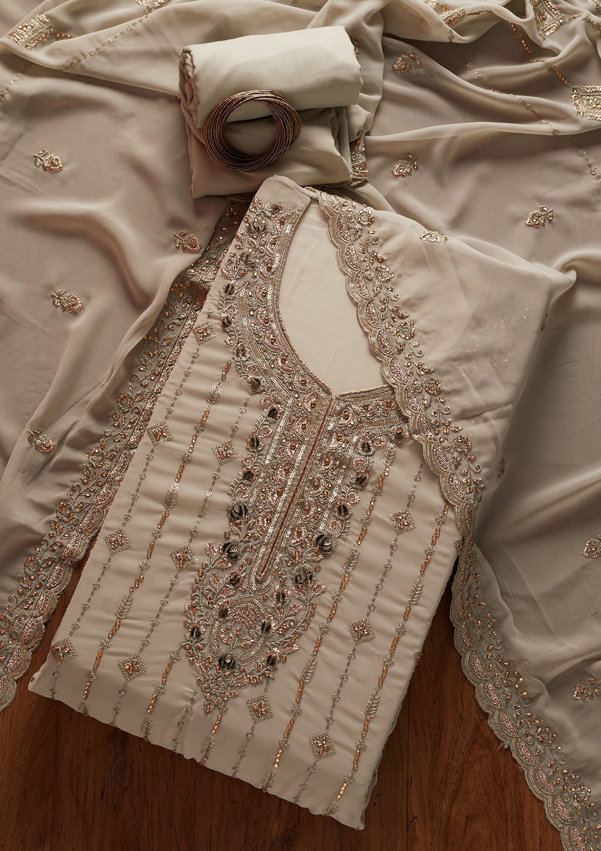 Light Grey Stonework Georgette Designer Unstitched Salwar Suit - koskii
