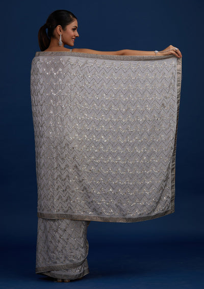 Light Grey Swarovski Semi Crepe Designer Saree - Koskii