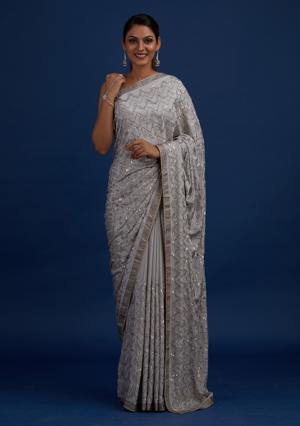 Light Grey Swarovski Semi Crepe Designer Saree - Koskii