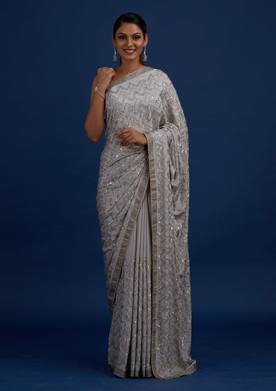 Light Grey Swarovski Semi Crepe Designer Saree - Koskii