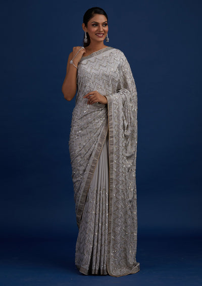 Light Grey Swarovski Semi Crepe Designer Saree - Koskii