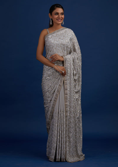 Light Grey Swarovski Semi Crepe Designer Saree - Koskii