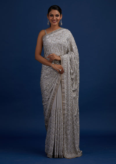 Light Grey Swarovski Semi Crepe Designer Saree - Koskii
