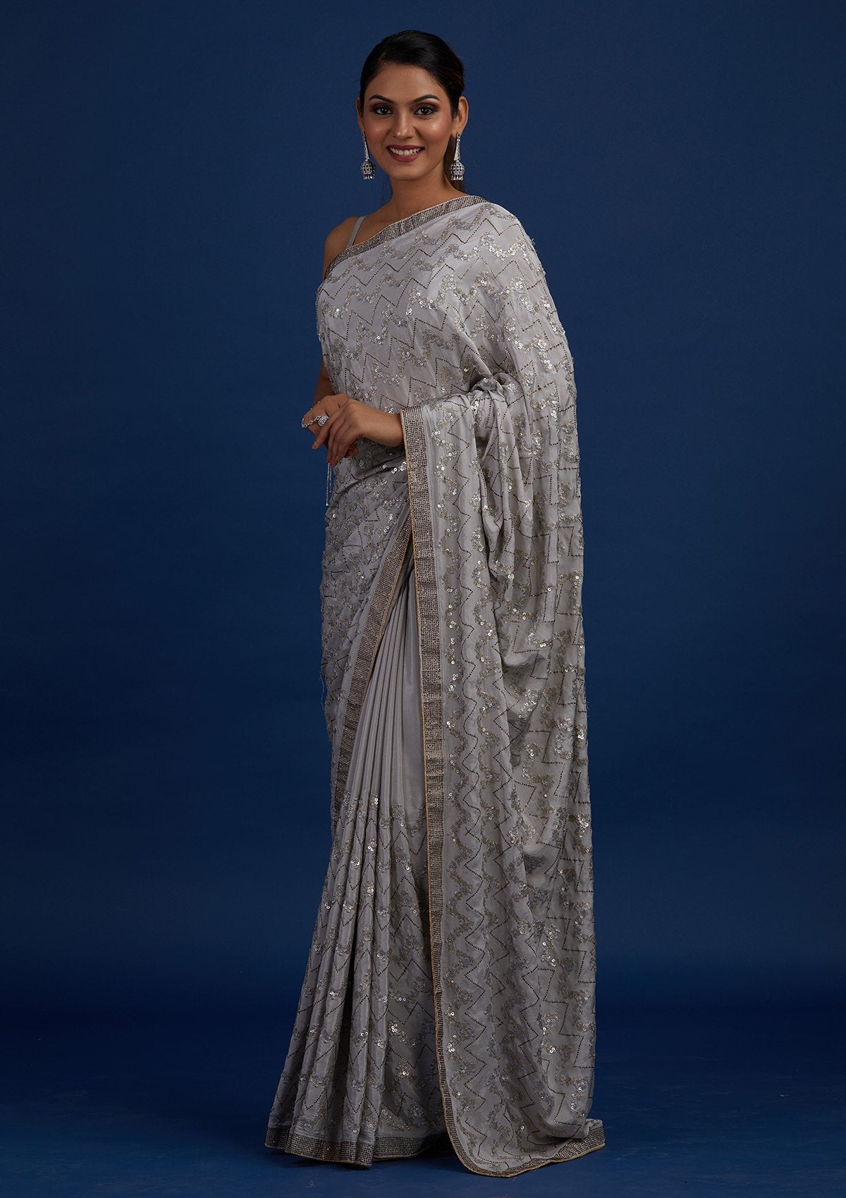 Light Grey Swarovski Semi Crepe Designer Saree - Koskii