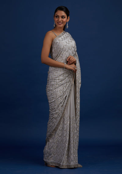 Light Grey Swarovski Semi Crepe Designer Saree - Koskii