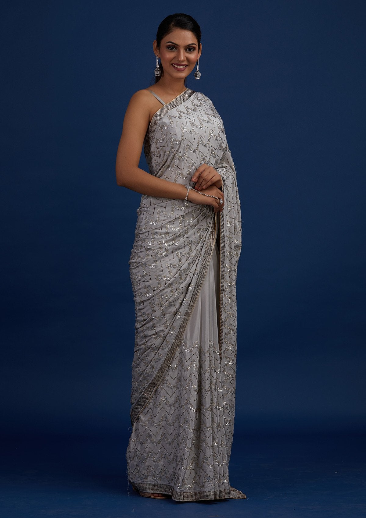 Light Grey Swarovski Semi Crepe Designer Saree - Koskii