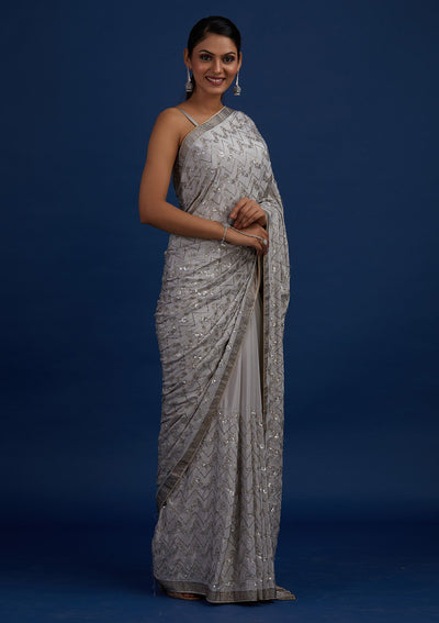 Light Grey Swarovski Semi Crepe Designer Saree - Koskii