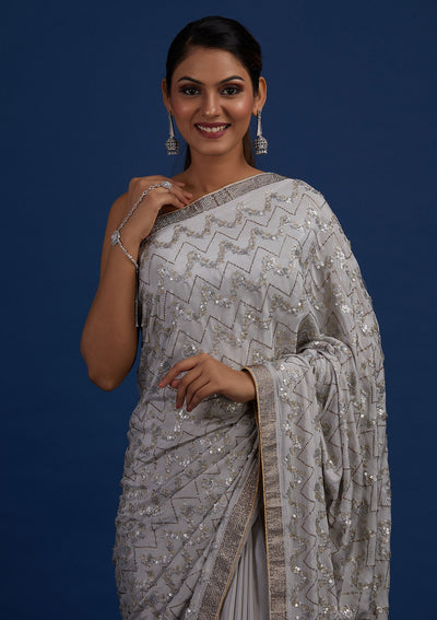 Light Grey Swarovski Semi Crepe Designer Saree - Koskii
