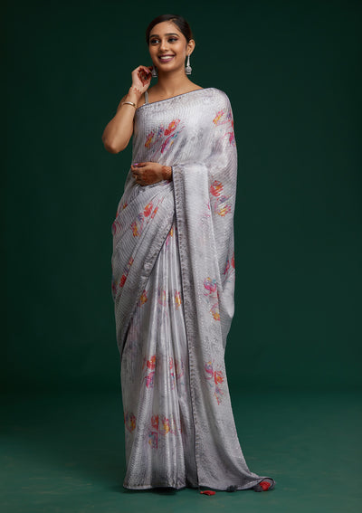 Light Grey Swarovski Taffeta Silk Saree- Koskii