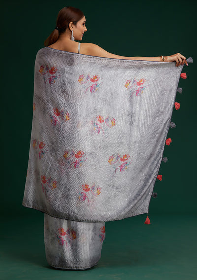 Light Grey Swarovski Taffeta Silk Saree - Koskii