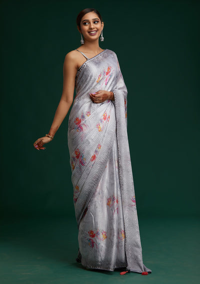 Light Grey Swarovski Taffeta Silk Saree - Koskii