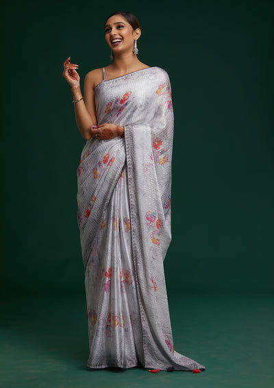 Light Grey Swarovski Taffeta Silk Saree - Koskii