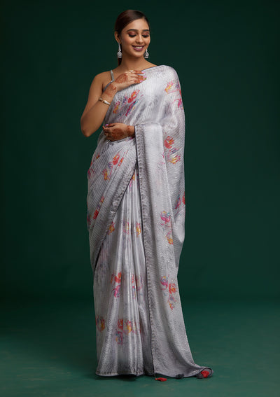 Light Grey Swarovski Taffeta Silk Saree - Koskii