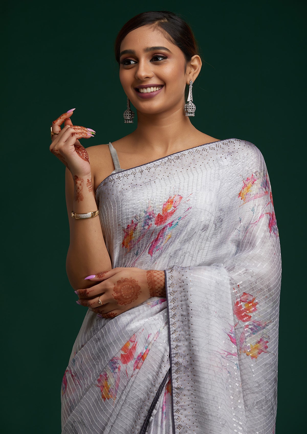 Light Grey Swarovski Taffeta Silk Saree - Koskii