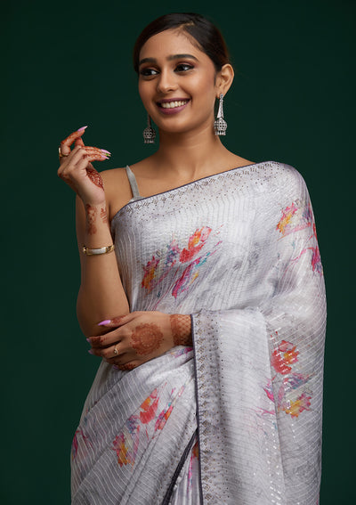 Light Grey Swarovski Taffeta Silk Saree - Koskii