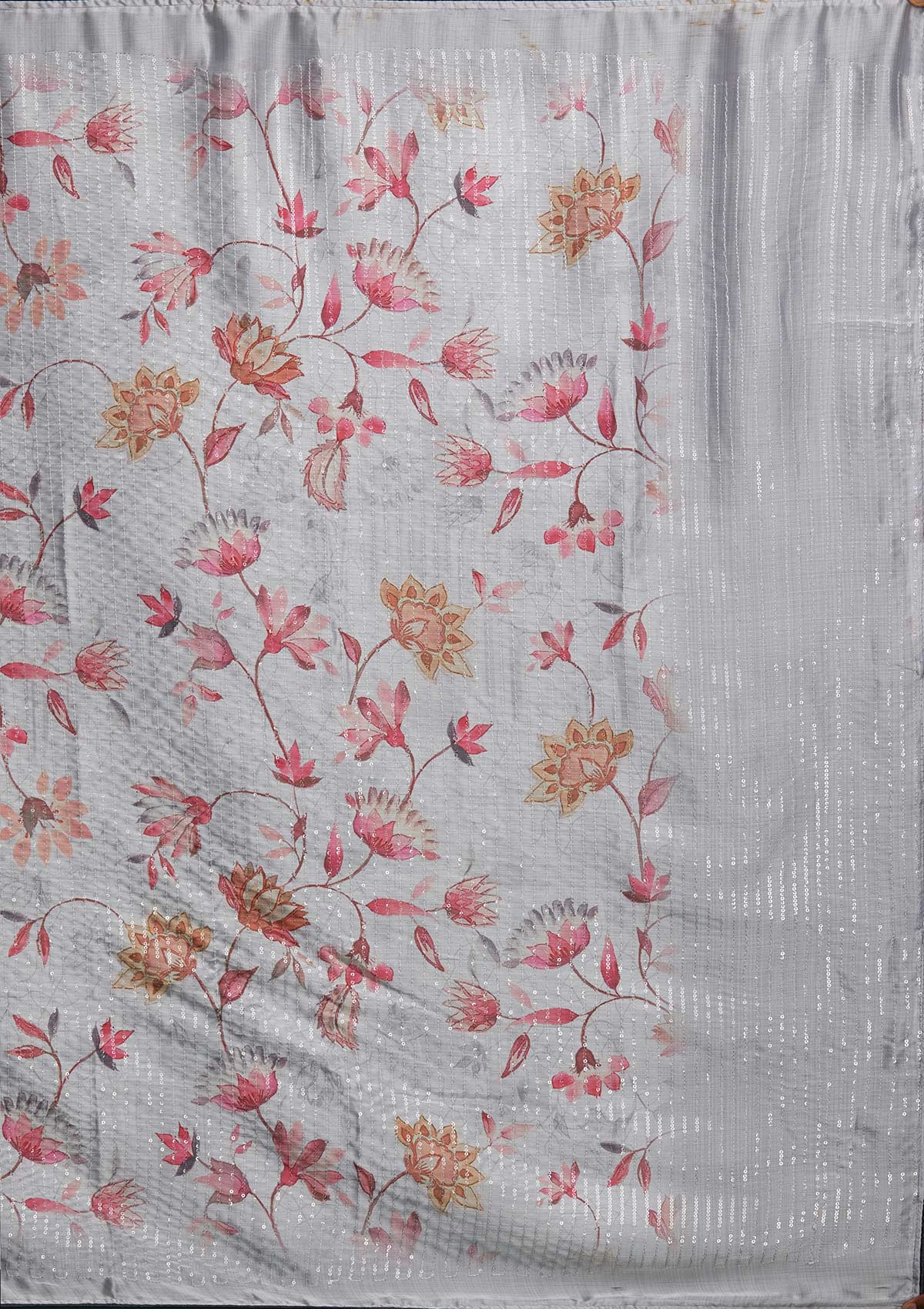 Light Grey Swarovski Taffeta Silk Saree - Koskii