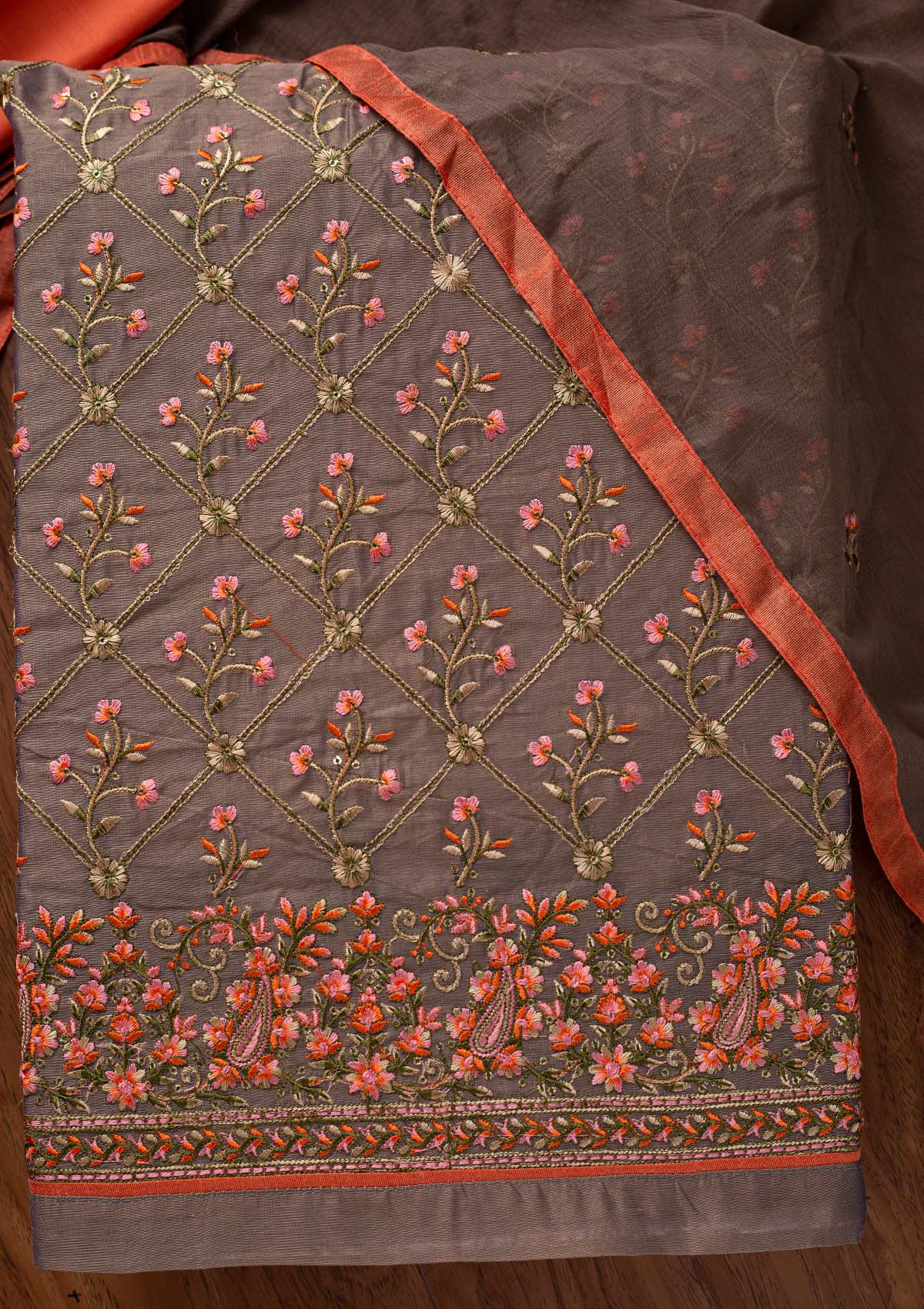 Light Grey Threadwork Chanderi Designer Semi-Stitched Salwar Suit - koskii