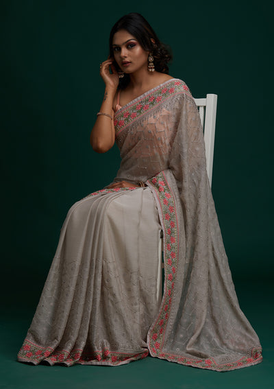 Light Grey Threadwork Chiffon Saree- Koskii