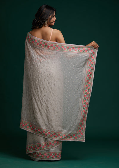 Light Grey Threadwork Chiffon Saree - Koskii