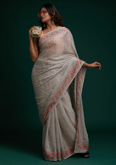 Light Grey Threadwork Chiffon Saree - Koskii
