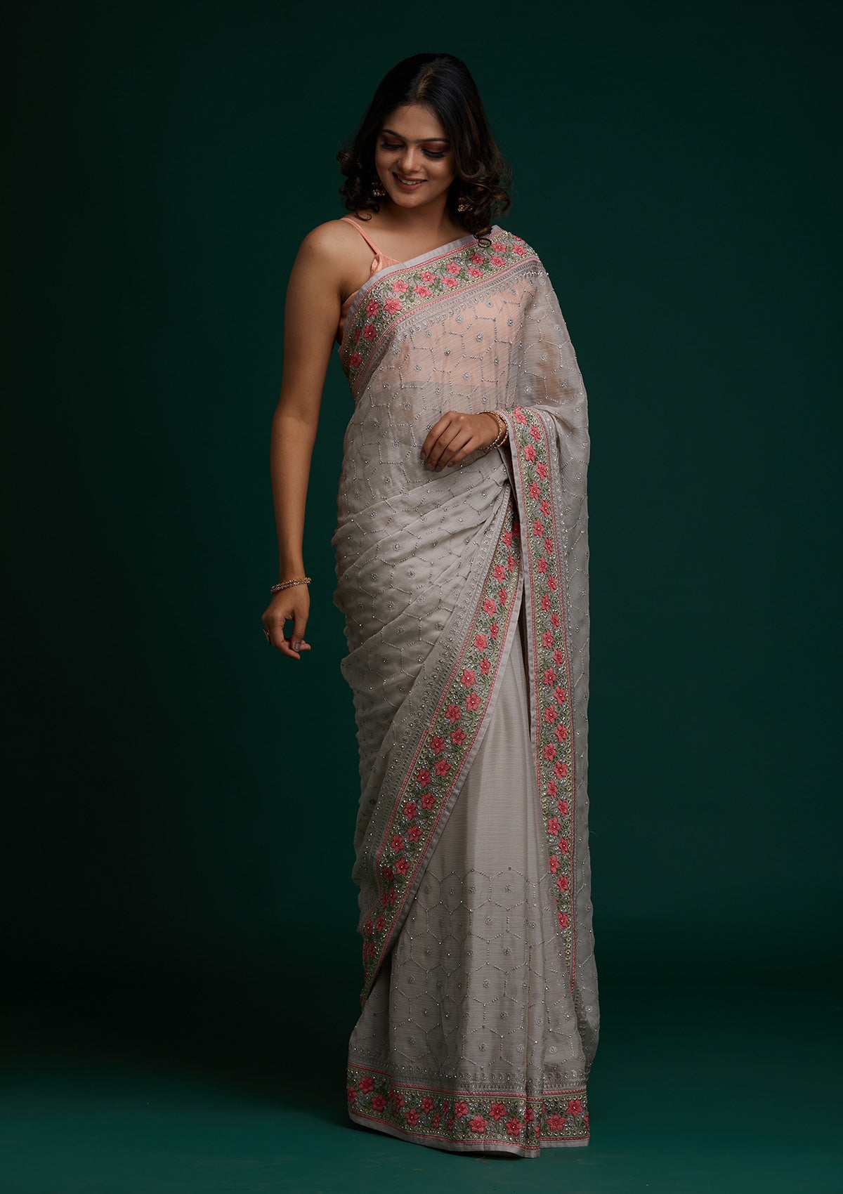 Light Grey Threadwork Chiffon Saree - Koskii