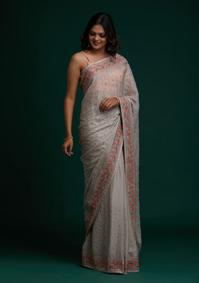 Light Grey Threadwork Chiffon Saree - Koskii
