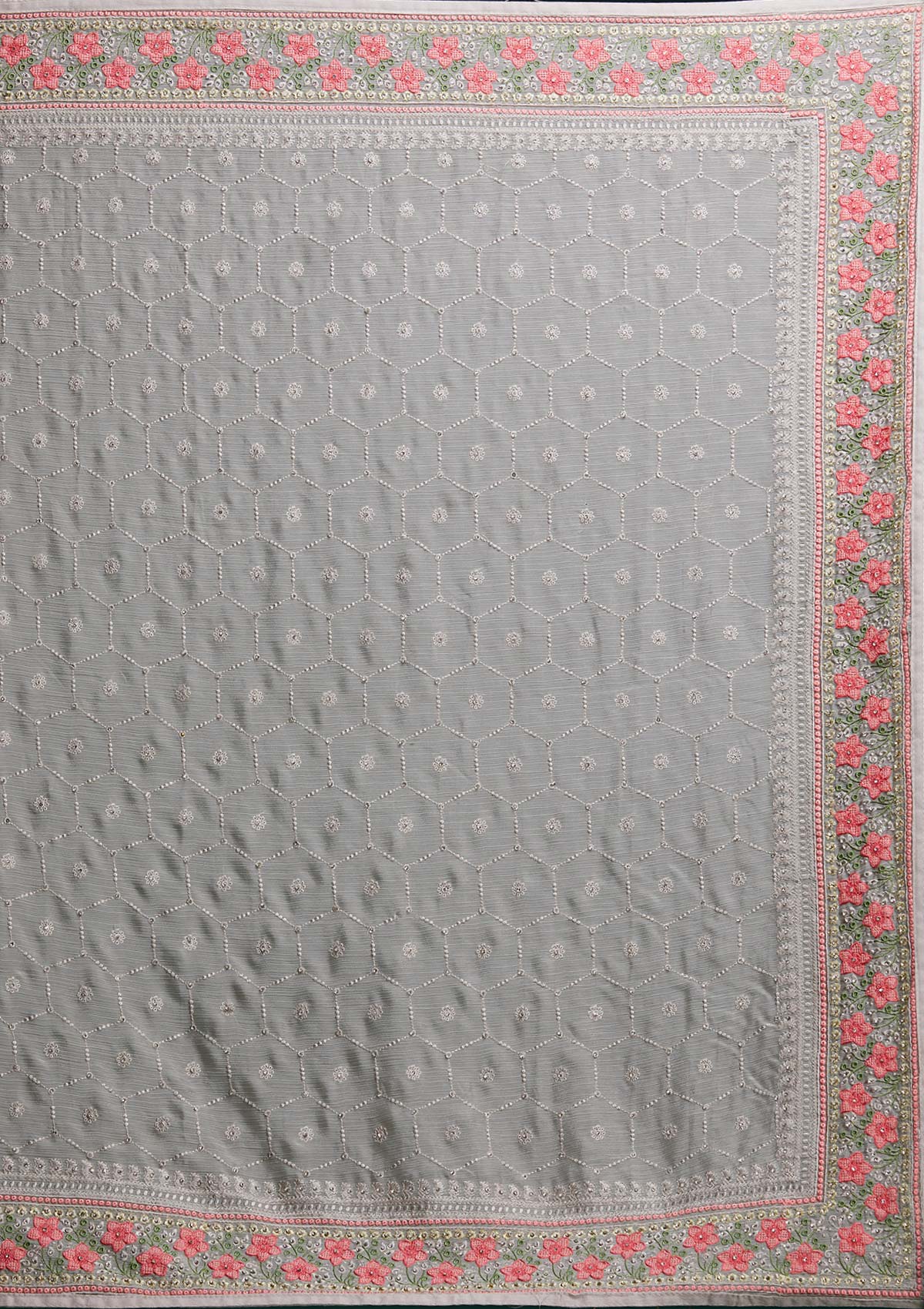 Light Grey Threadwork Chiffon Saree - Koskii