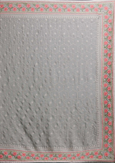 Light Grey Threadwork Chiffon Saree - Koskii