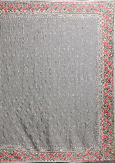 Light Grey Threadwork Chiffon Saree - Koskii