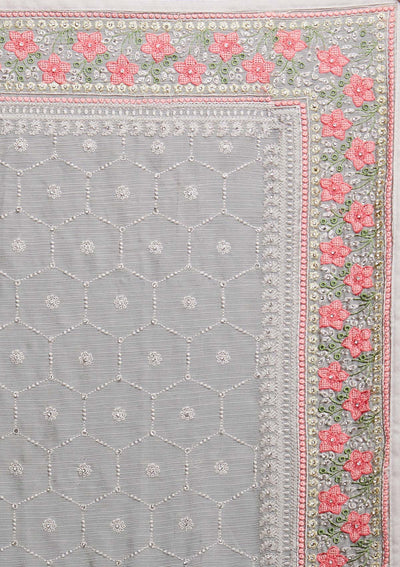 Light Grey Threadwork Chiffon Saree - Koskii