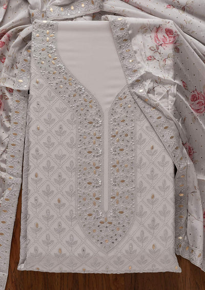 Light Grey Threadwork Georgette Designer Unstitched Salwar Suit - koskii