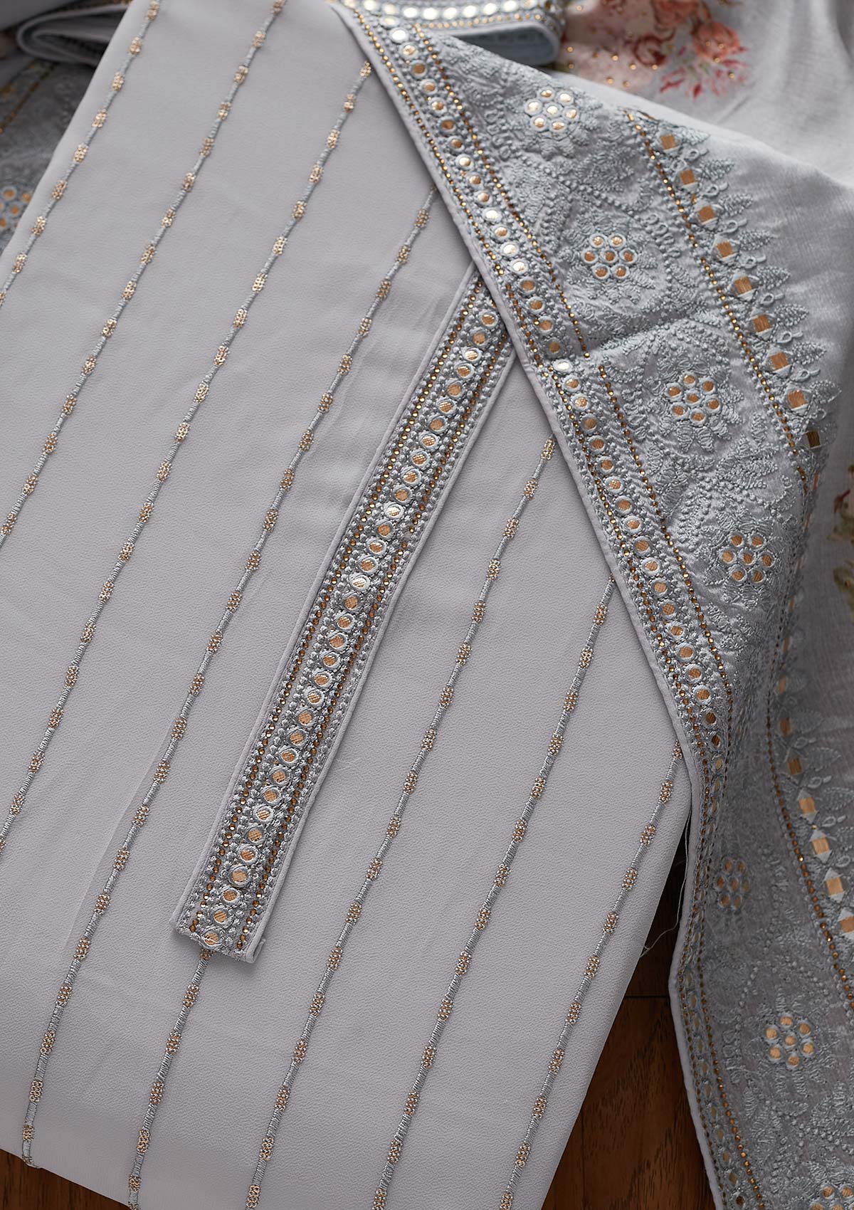 Light Grey Threadwork Georgette Designer Unstitched Salwar Suit - koskii