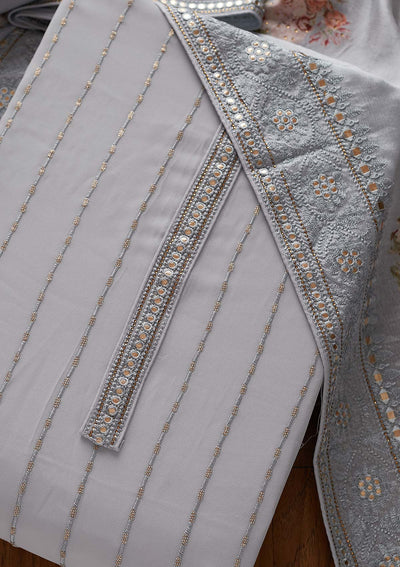 Light Grey Threadwork Georgette Designer Unstitched Salwar Suit - koskii
