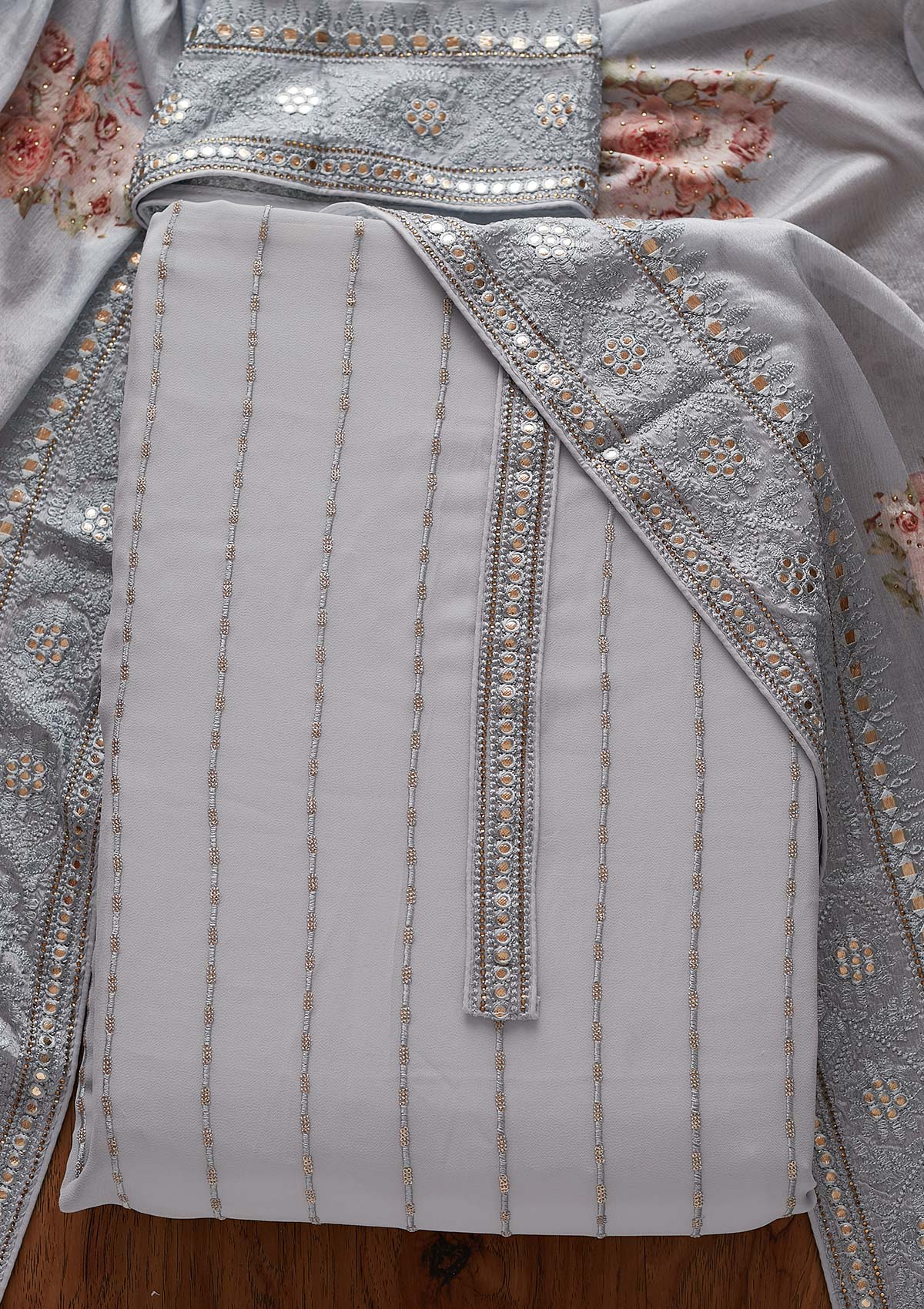 Light Grey Threadwork Georgette Designer Unstitched Salwar Suit - koskii